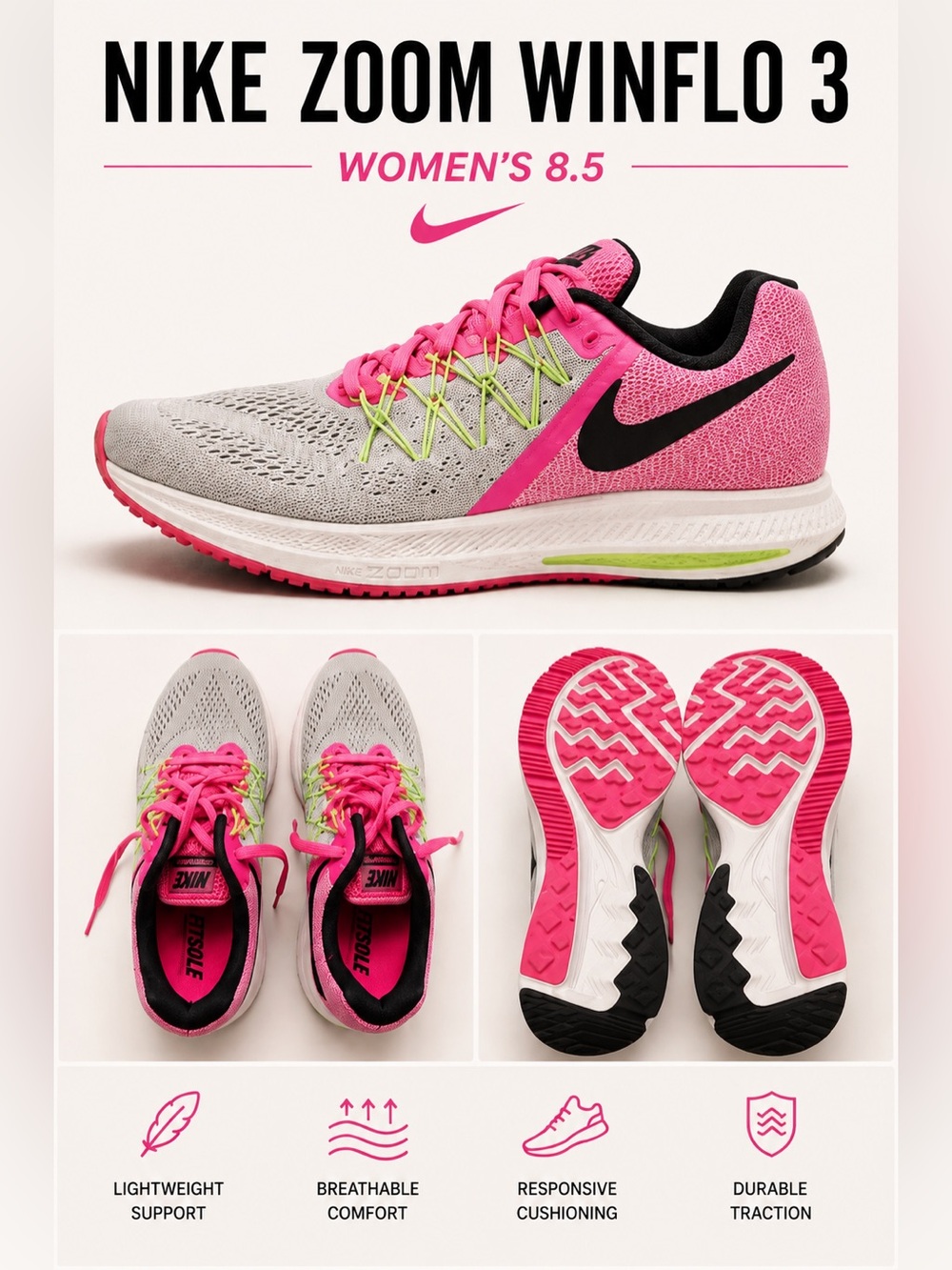 Nike Zoom Winflo 3 Gray Pink Volt Running Shoes Women’s 8.5